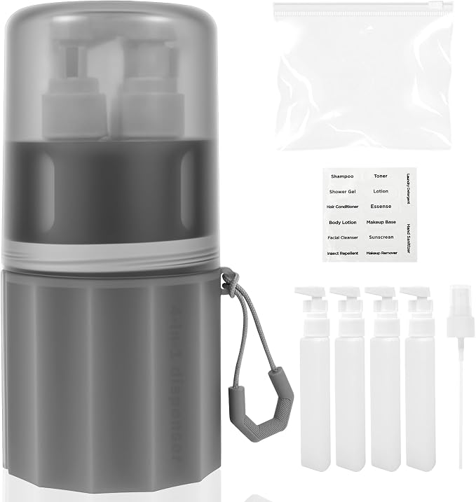 4 in 1 Travel Toiletry Containers, Leak Proof TSA Approved Travel Size Bottles Set with Suction Cup Wall Mount, Refillable Dispenser for Shampoo, Lotion, Soap, Gym & Essentials (Grey)
