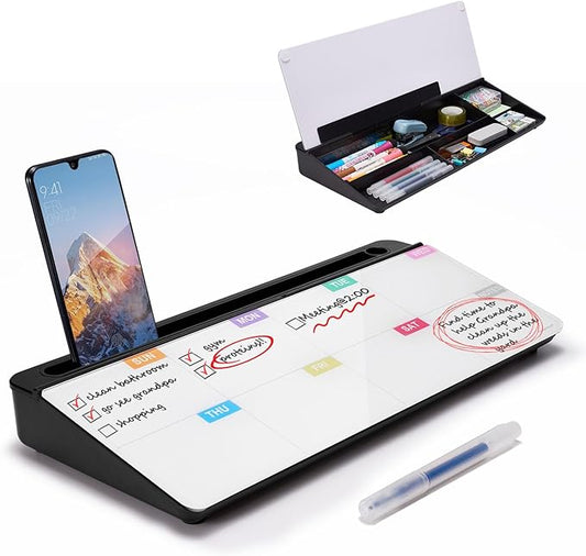 TSJ OFFICE Whiteboard Weekly Dry-Erase-Board - Desktop White Board Calendar Desk Organizers with Accessories Computer Keyboard Stand with Drawer, for Office, Home, School Supplies - Black Calendar