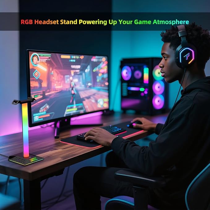 Gaming Headset Stand with Charging Hub for Desk - 3 Ports (USB/Tpye-C Charging Port), RGB PC Gamer Headphone Holder with 10 Color Lighting Modes, Touch Control, Desk Headsets Organizer