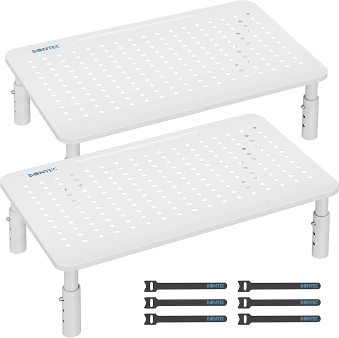 BONTEC Monitor Stand 2 Pack Height Adjustable Metal Riser with Pen Holder, White, 14.5??x 9.1?? Ergonomic Desktop Stand for Computer, Printer, Laptop, Adjustable Desk Riser with Cable Management