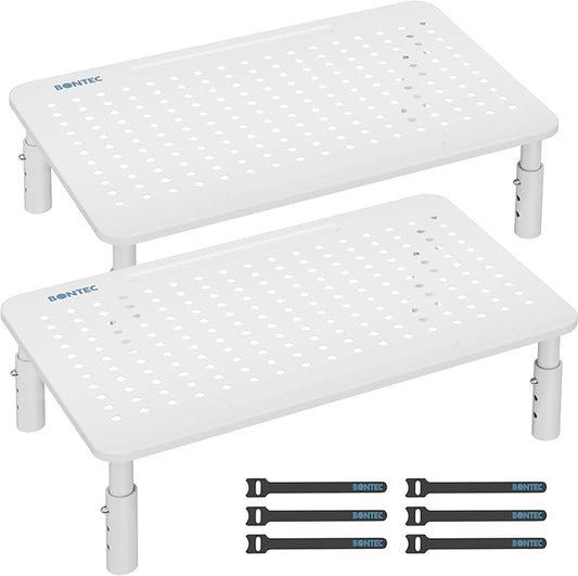 BONTEC Monitor Stand 2 Pack Height Adjustable Metal Riser with Pen Holder, White, 14.5??x 9.1?? Ergonomic Desktop Stand for Computer, Printer, Laptop, Adjustable Desk Riser with Cable Management