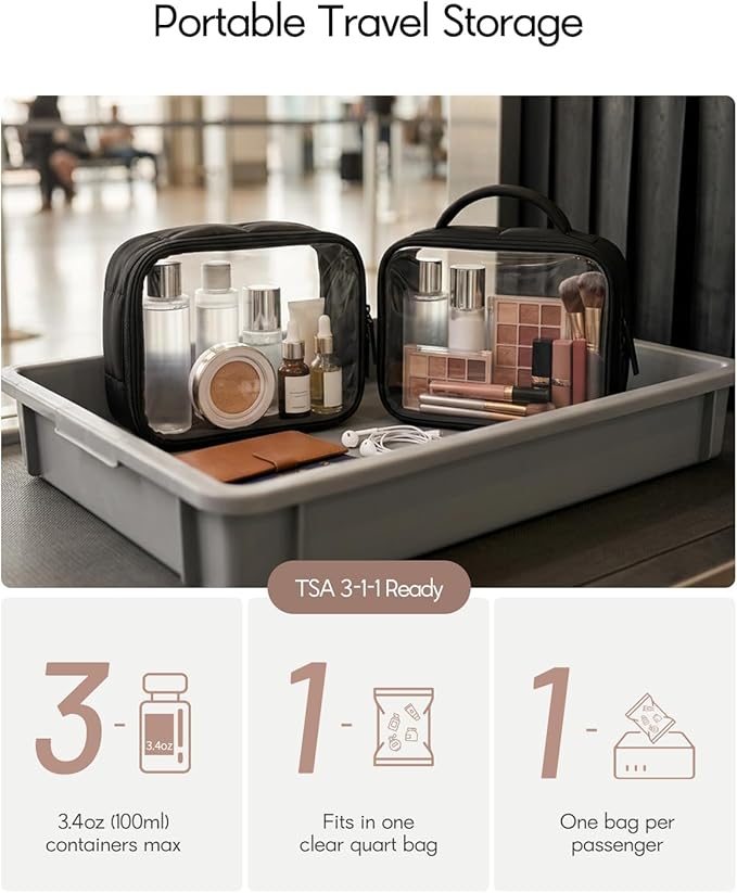 Moyad TSA Approved Clear Toiletry Bag, Quart Size 3-1-1 Liquids Pouch with Smooth Zipper, Wide Opening Transparent Makeup Organizer for Carry On Travel, Lightweight for Women Men (Black-2pcs)