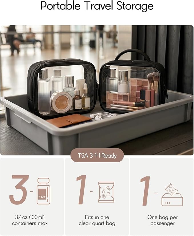 Moyad TSA Approved Clear Toiletry Bag, Quart Size 3-1-1 Liquids Pouch with Soft Handle, Wide Opening Transparent Makeup Organizer for Carry On Travel, Lightweight for Women Men (Black-1pcs)