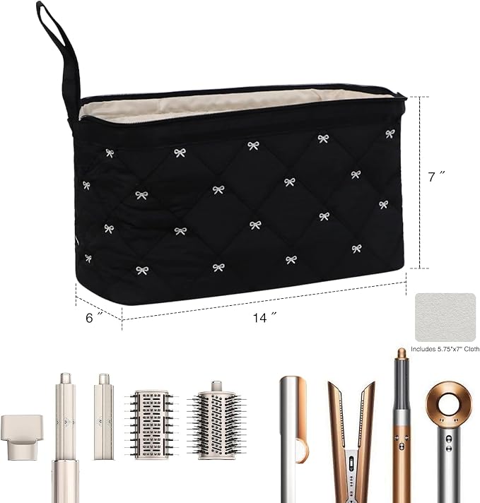 Stratalife Quilted Hair Tools Travel Bag with Polishing Cloth Compatible with Dyson Airwrap Shark Flex Style, Portable Toiletry Bag Hair Dryer Curling Iron Carrying Case Travel Essentials Black Bow