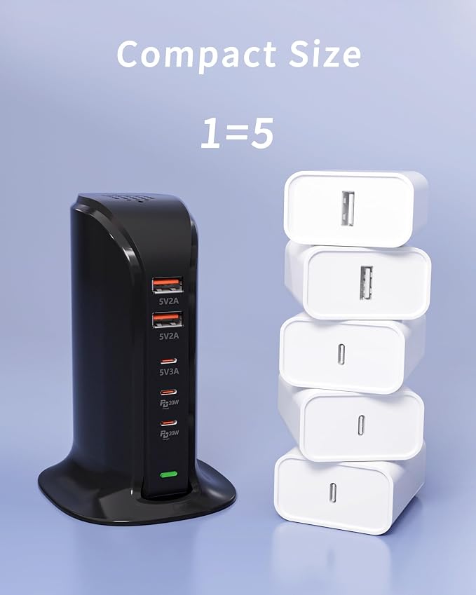 5 Port USB Charger Block, USB Tower Charging Station for iPhone (Black)