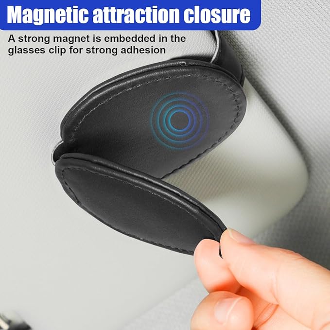 ZIMISI 2PCS Magnetic Sunglass Holder for Car Visor, Leather Glasses Holder for Different Size Eyeglasses, Clip on Sunglasses Clip, Ticket Card Clip, Car Visor Organizer (Black)
