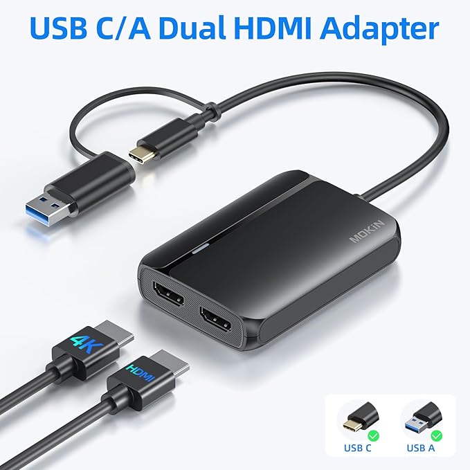 MOKiN USB 3.0 to Dual HDMI Adapter for Dual Monitors, USB C to HDMI Adapter for Mac, Windows, 4K Dual HDMI Adapter Compatible with M1/M2 Mac, Windows, ChromeOS, Android