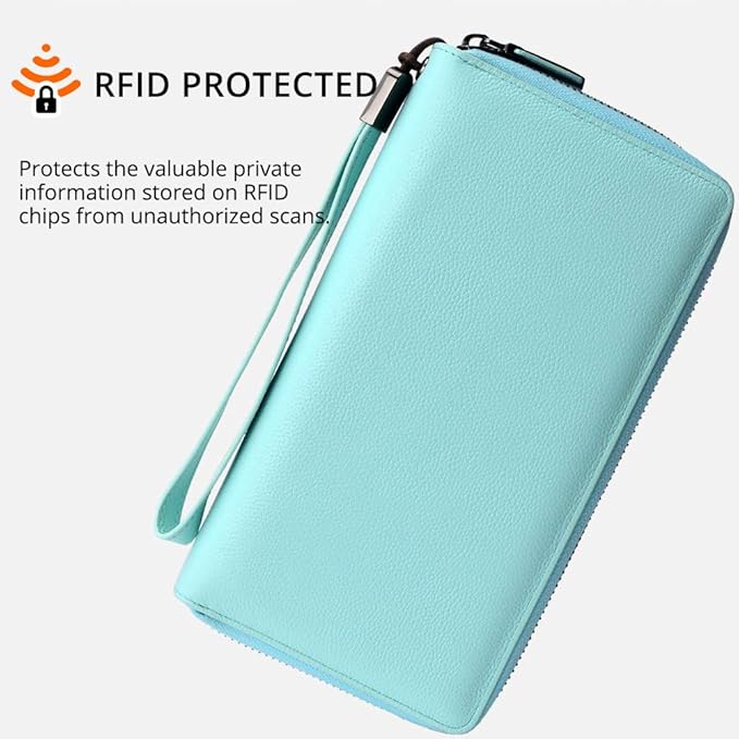 Bveyzi Women RFID Blocking Wallet Leather Zip Around Phone Clutch Large Capacity Ladies Travel Purse Wristlet | RFID Blocking, Zip Around, Large Capacity