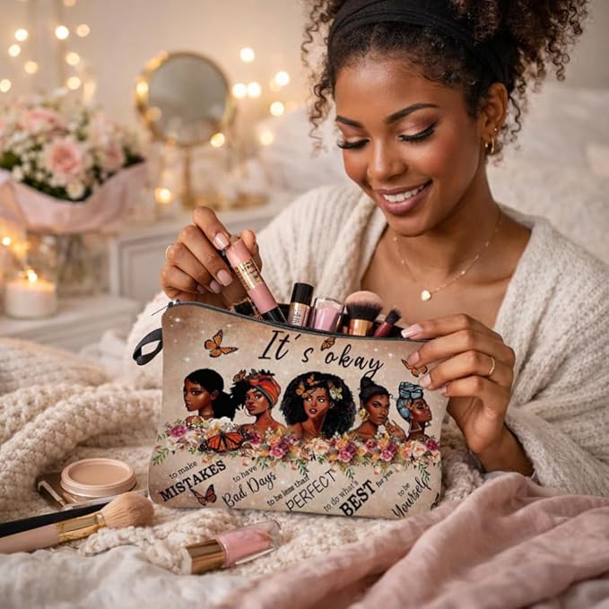 Black Girl Makeup Bag – Inspirational Cosmetic Bag for Black Women, Melanin Beauty Travel Pouch, Self Love Gift for Women, Natural Hair African American Cosmetic Bag