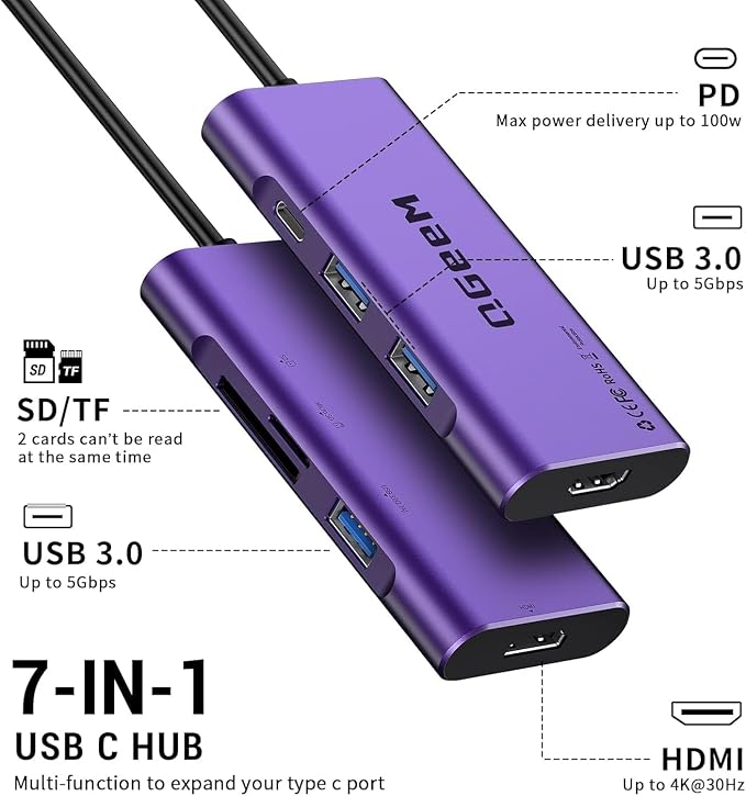 USB C Hub, QGeeM USB 4k to HDMI Adapter, 7 in 1 USB-C Dongle with 100W PD,USB 3.0, Card Reader, Compatible for MacBook iPhone 15/17 Ipad Pro max,Chromebook Laptop USB Type C Dock-Purple