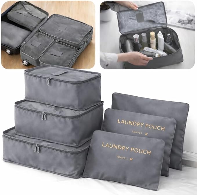6 Set Travel Packing Cubes for Luggage – Laundry Pouch Organizer Bags, Lightweight Storage Pouches for Clothes, Shoes, and Toiletries (grey)