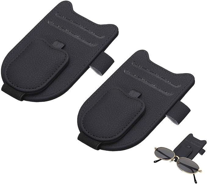 HARFINGTON 2 Pcs Sunglass Holder for Car Magnetic Leather Glasses Holder Universal Visor Sunglasses Clip Car Accessories Interior for Glasses Ticket Cards,Black