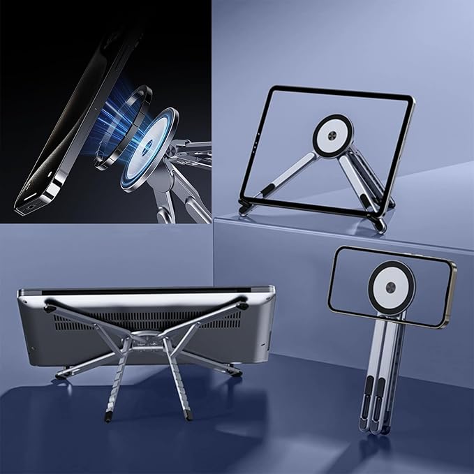 3 in 1 Magnetic Foldable Versatile Stand for Phone Tablet and Laptop,Aluminum Alloy Ergonomic 8-Level Adjustable Height Laptop Stand for Desk,Portable Holder for Home Office and Travel