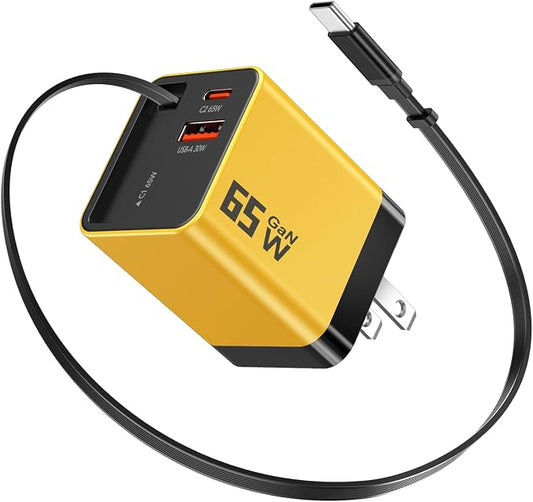 65W GaN USB C Charger with Retractable Charging Cable, 3-Port Power Adapter | Fast travel charger for MacBook, iPhone 17 16 15, Samsung Galaxy S24, iPad, multi port compact wall charging block,Yellow