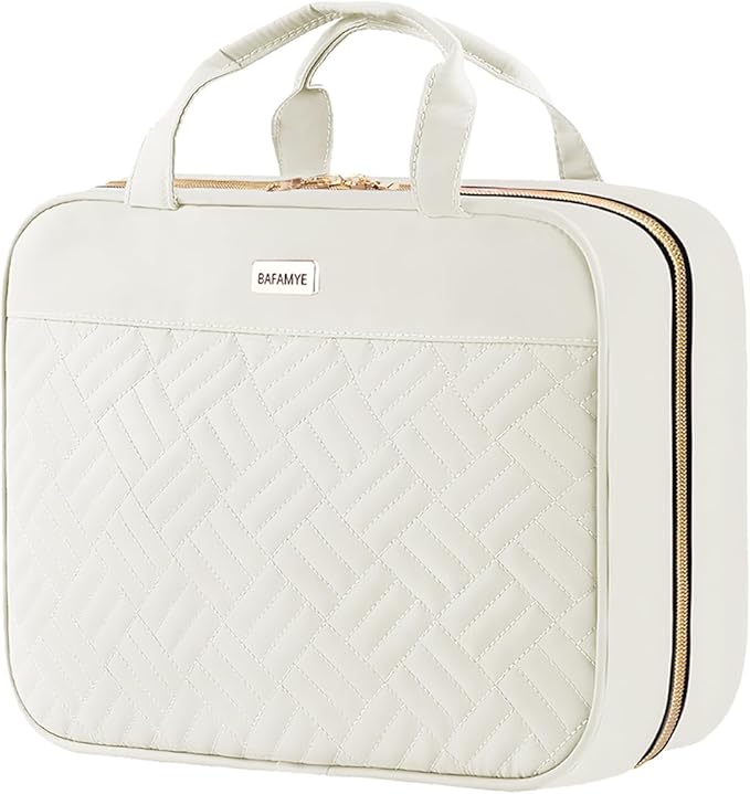 BAFAMYE 8L Travel Toiletry Bag for women - 2.1 GAL Water-resistant Makeup Cosmetic Bag Organizer With Hanging Hook for Travel Accessories Shampoo Full-size Container, Beige