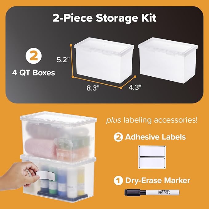 Bostitch Konnect Storage Containers with Lids, Organizer, Clear Plastic Box, Stackable Nesting Bins, Large, 2 Pack