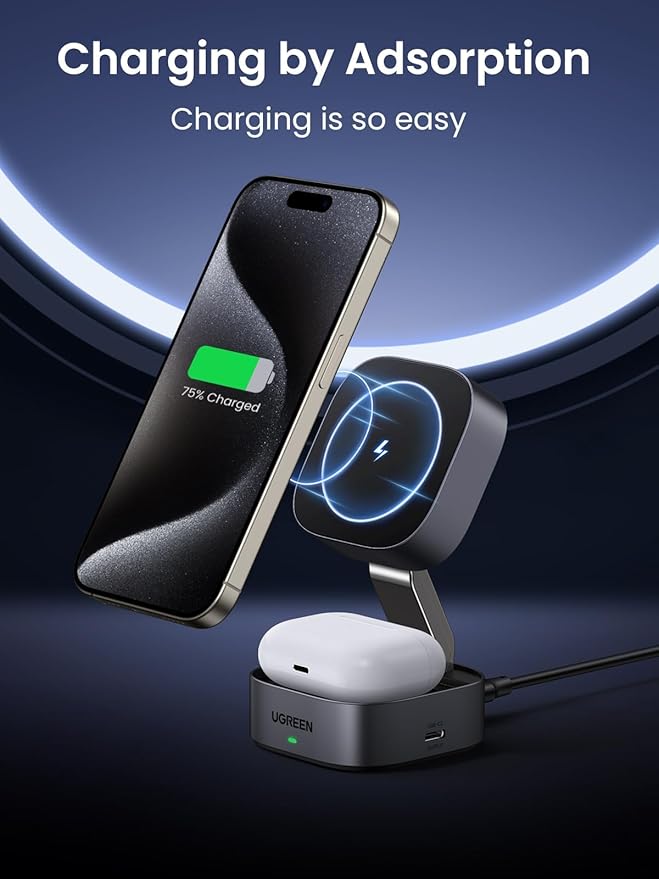 UGREEN MagFlow Magnetic Foldable Charging Station, 2-in-1 Fast Wireless Charger Compatible with iPhone 17 17 Air 17 Pro 17 Pro Max 16 15 14 13 12, Airpods3 2 Pro (No AC Adapter)