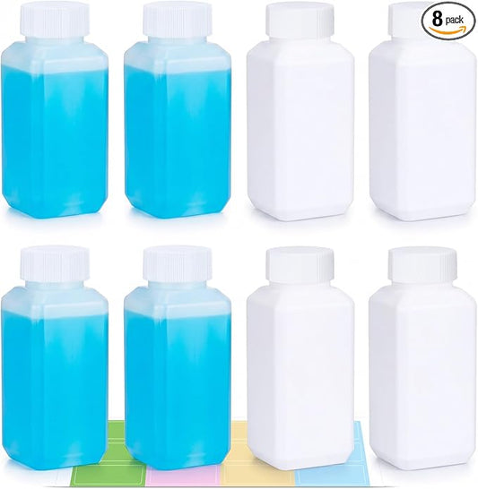 DEMORA 3.4oz Small Square Plastic Travel Bottles, Reusable Leak Proof Liquid Containers with Caps and Stickers for Pill, Water, Juice（4 Translucent & 4 White, 8 Pcs）