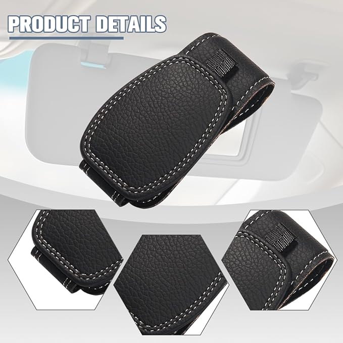 Sunglass Holder for Car Visor, Magnetic Leather Vehicle Sun Visor Storage Clip for Different Size Eyeglasses, Automotive Interior Glasses Ticket Card Clip, Universal for SUV RV Truck (Black)