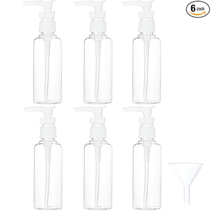TecUnite 6 Pack Small Pump Bottles Clear Travel Bottle Plastic Empty Spray Dispenser Hand Lotion Sanitizer Refillable Accessories Set with Small Funnel for Flight, Airport, Holiday(100 ml,White)