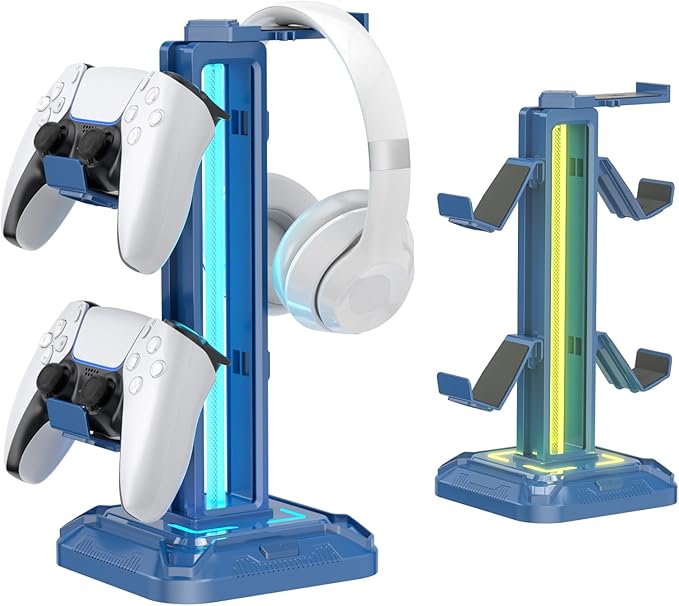 KDD Headset Stand with Light Modes - Controller Holder for Desk - Rotatable Headphone Stand & Detachable Controller Hook for PC Earphone Accessories(Blue)