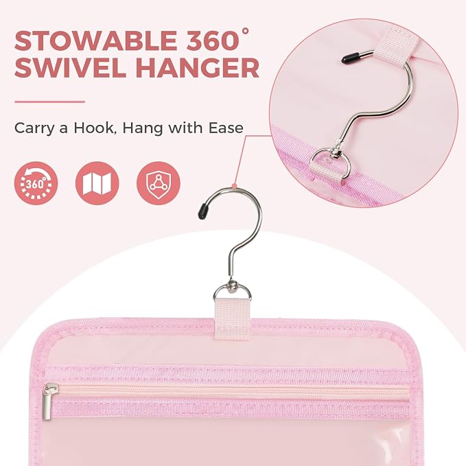Toiletry Bag for Women, Portable Hanging Organizer, 4 Leakproof Compartments for Full-Sized Conditioners, Brush Sets, Makeup Accessories, Visible and Easy to Access, M, pink