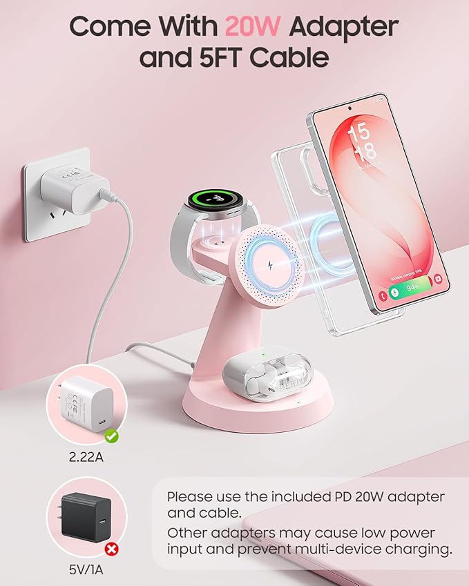 Magnetic Wireless Charger for Samsung, 3 in 1 Charging Station Compatible with MagSafe Samsung Charger for Galaxy S26 Ultra S25 Z Fold7/Flip7, Watch Charger Stand for Galaxy Watch Ultra 8 7, Pink