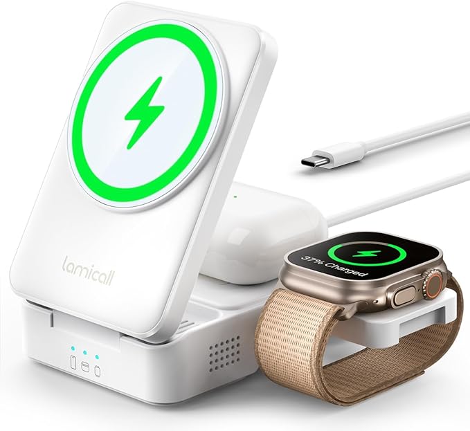 Lamicall Foldable 3 in 1 Wireless Charging Station for Apple MagSafe - [Upgraded Cooling & Reliability] Compact Travel Magnetic Charger Stand for iPhone 17 16 15 14 13 Pro Max, AirPods, Apple Watch