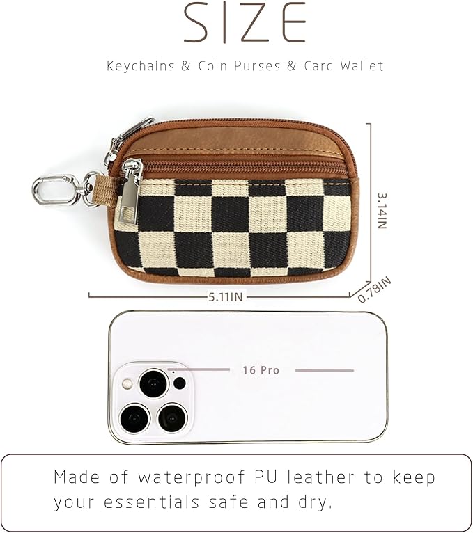 Checkered Dual Pouch Keychain Wallet for Women, Small Mini Zip Leather Coin Purse with Wrist Strap,wristlet hangbags,Brown