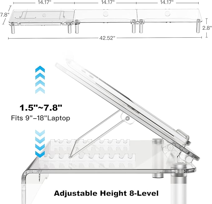 RQUOIRE Ergonomic Acrylic Dual Monitor Stand with Adjustable Laptop Riser, Compatible with Desktop, Printer, TV and More Devices,Monitor Riser Holder Suitable for 2 Monitors (Clear)