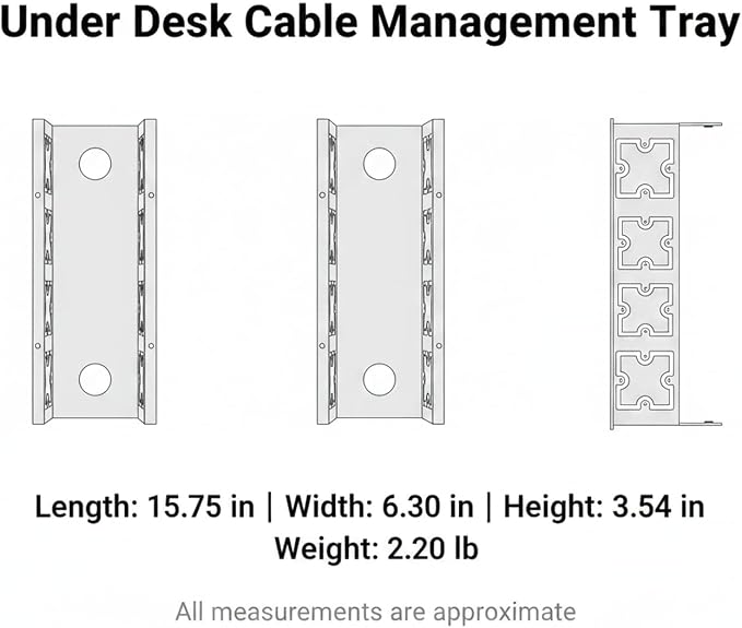 Under Desk Cable Management Tray, White Metal Wire Basket for Power Strips & Cords, No-Drill Clamp Mount, 15.7 x 6.3 x 3.5 Inches
