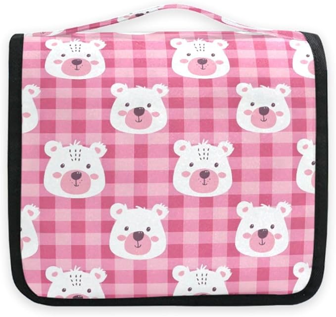 senya Hanging Travel Toiletry Bag Cute Kit Makeup Case Cosmetics Organizer for Men Women (Pink Checkered Bear's Face)