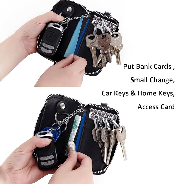 WESTONETEK Unisex Mens Womens Premium Leather Car Key Holder Bag Keychain Case Wallet with 6 Hooks Zipper Closure