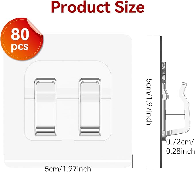 Hooks for Outdoor String Lights, 80 Pack Heavy Duty Cable Clips, Damage Free Cord Clips, Waterproof and UV-Resistant, Clear Self-Adhesive Hooks for Hanging Christmas Lights Outdoor and Patio Decor