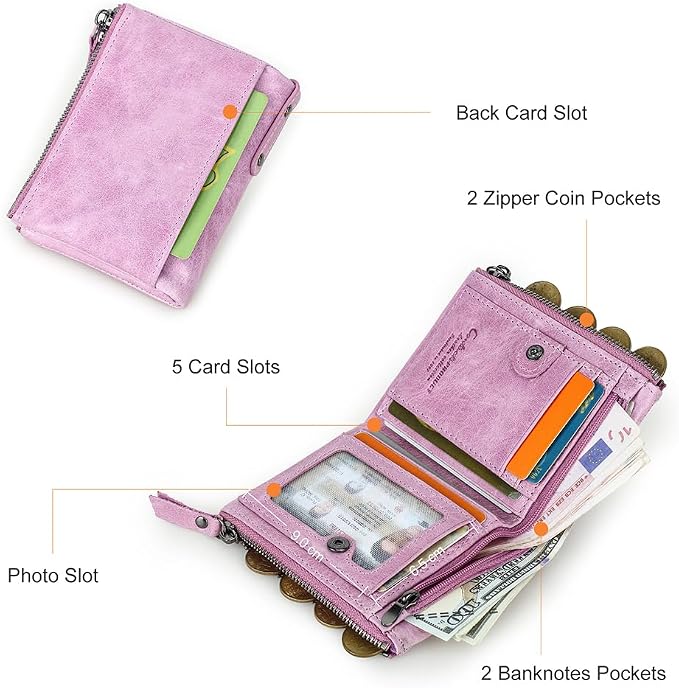 CONTACTS Soft Leather Wallet for Women Small Bifold Coin Purse Double Zipper Card Holder with RFID Blocking (Pinkish Purple)