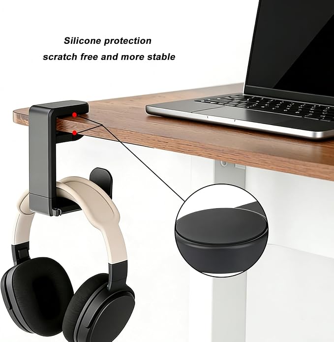 Universal Headphone Stand & Headset Holder - 360° Swivel Under Desk Headphone Hook with Cable Management Clip (Black)