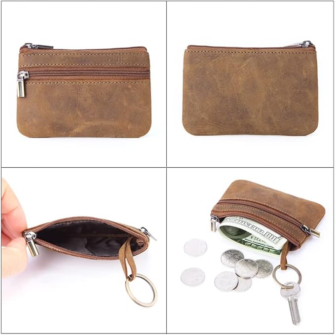 Genuine Leather Coin Purse, Small Coin Pouch for Men Women, Cash Change Wallet Key Holder Money Pouch with Key Ring, Zipper Storage Bag Coin Organizer