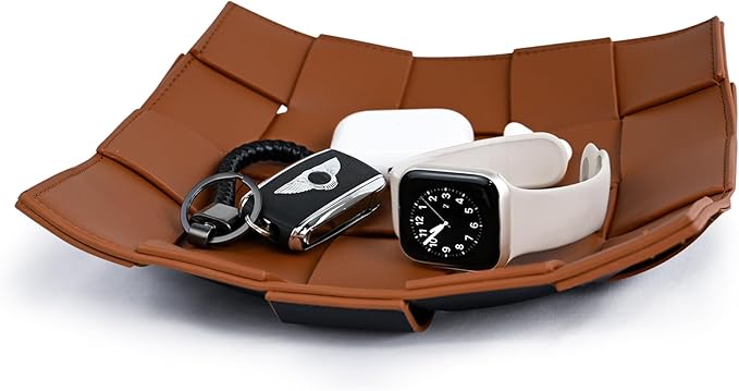 Valet Tray PU Leather Key Holder Bowl for Men Entryway Table Nightstand Desk Tray for Wallet, Keys Men's Gift - Brown & Black, 9.8" L x 9.8" W x 2" H