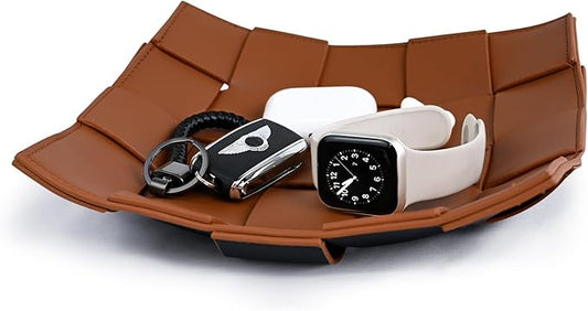 Valet Tray PU Leather Key Holder Bowl for Men Entryway Table Nightstand Desk Tray for Wallet, Keys Men's Gift - Brown & Black, 9.8" L x 9.8" W x 2" H