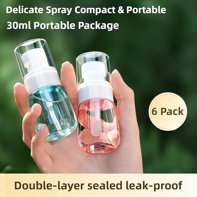 6 Pack 1oz 30ml Travel Spray Bottles TSA Approved - Leakproof Plastic Fine Mist Sprayers for Toiletries, Skincare & Plants, Portable Mini Sprayer Set with Secure Caps & Assorted Colors