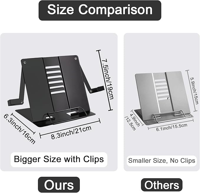 Metal Desk Book Stand for Reading with Adjustable Clips, Hands-Free Foldable Book Holder for Kids, Portable Document Stand for Desk, Display Stand for Recipes, Cookbooks, Tablets - Black