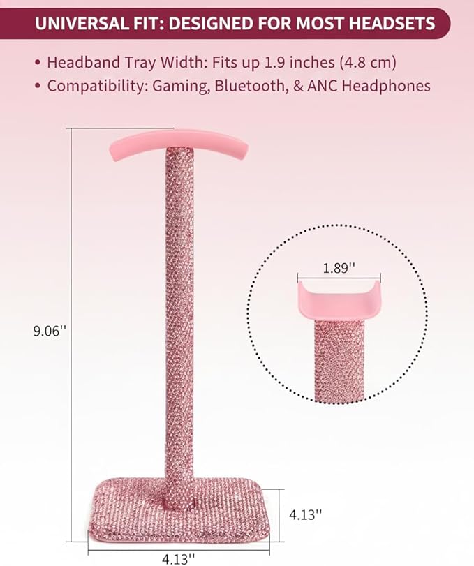 Luxury Rhinestone Headphone Stand – Cute Crystal Headset Holder for Gamer Girl Desk Setup – Bling Kawaii Desk Accessories with Soft Headrest – Aesthetic Gift for Daughter & Girlfriend (Pink)