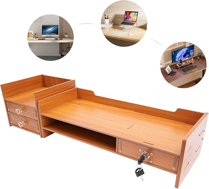 AngelcityCC Monitor Stand Riser, 3 Tiers Laptop Computer Monitor Riser, Desktop Wooden Screen Monitor Stand Riser with Drawers&Lock for Home Office School