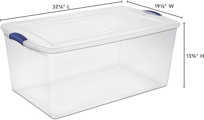 105 Qt. Plastic Storage Bin with Durable Lid, Stackable and Nestable Clear Tote Container Featuring Blue Buckles, Ideal for Organization and Storage Purposes (1-Pack)