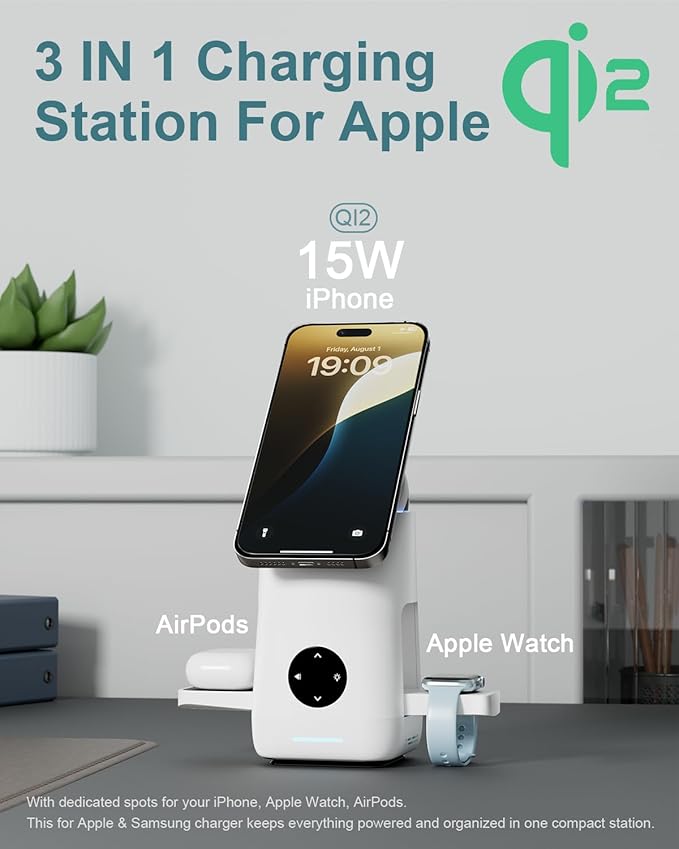 3-in-1 Charging Station for Apple & Samsung - Qi2 Certified 15W Rotating Wireless Mag-Safe Charger Stand for Apple - iPhone 17 16 15 14 13 12, AirPods, Apple & Galaxy Watch, Samsung S25 S24 Bud(White)