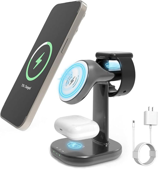 Wireless Charging Station for Magsafe Charger Stand,Fast Wireless Charger for iPhone Stand,3 in 1 Magnetic Phone Charger for Apple Watch,for Airpods,for Magsafe Charging Station（Gray）