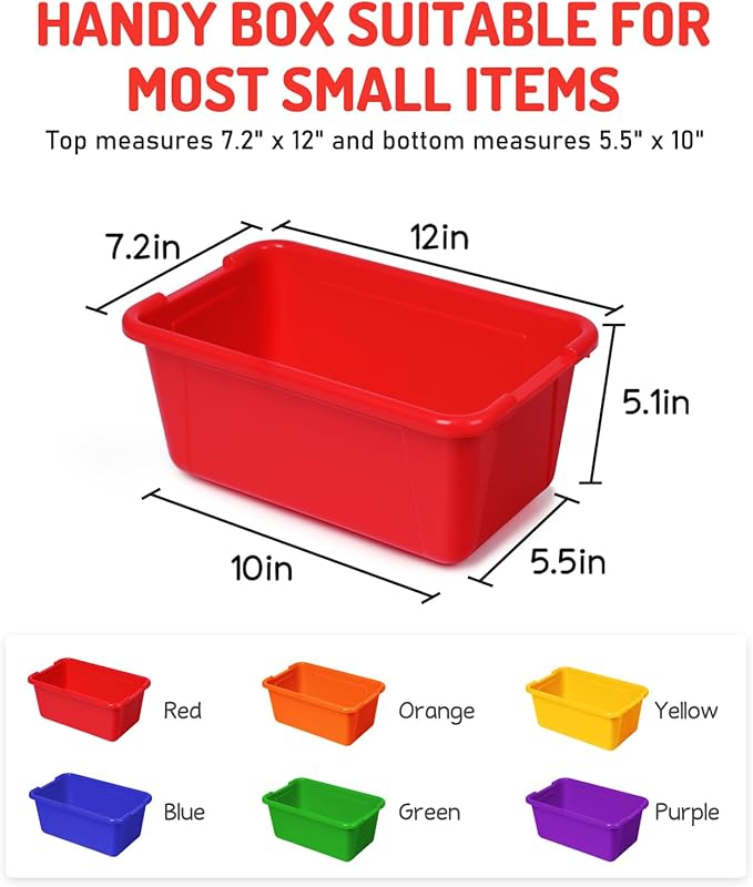 GAMENOTE 6 Quart Open Storage Bins – 12 Pack Rainbow Plastic Stackable Bins for Classroom & Kids Toy Organization with Removable Labeling Stickers, Opaque Shoe Box Size Containers for Crafts & Buildin
