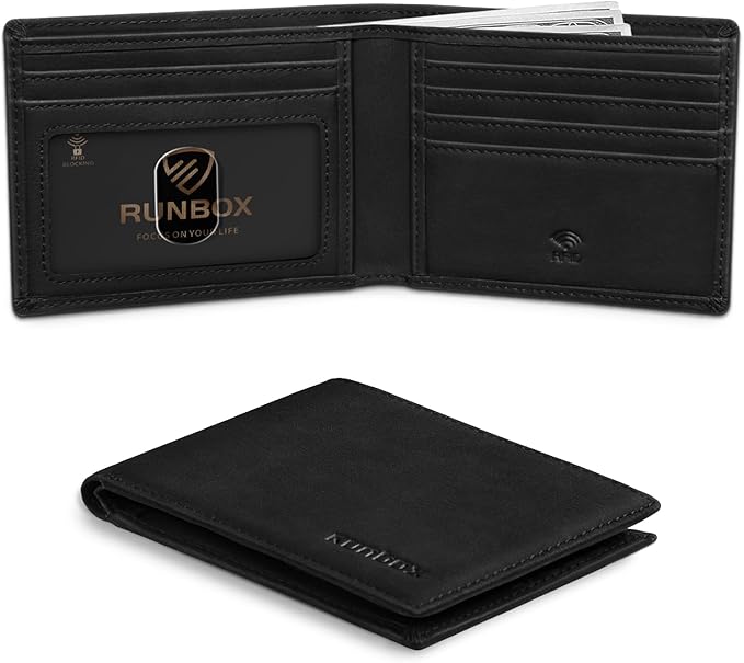 RUNBOX Wallet for Men Slim Leather Bifold RFID Blocking Minimalist Front Pocket Design with Gift Box
