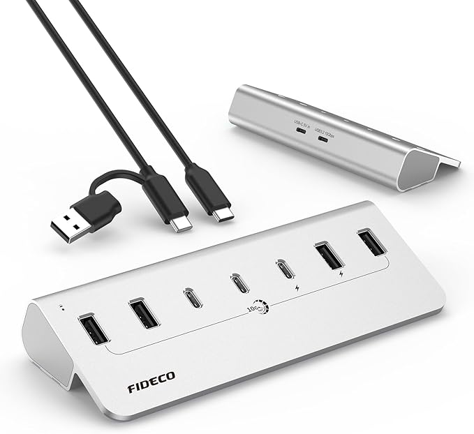 FIDECO Powered USB Hub, 7 Port 10Gbps Fast Data Hub for iPhone 16/15 and Laptop, Full Aluminum USB Splitter with 5V 3A Power Adapter, 4 USB A and 3 USB C Ports, Support BC1.2 Charging (Silver)