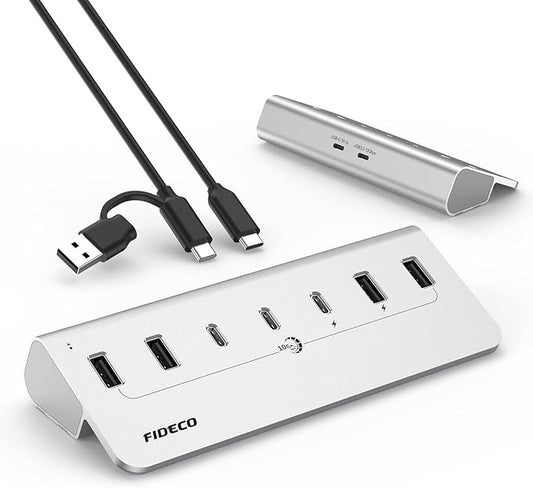 FIDECO Powered USB Hub, 7 Port 10Gbps Fast Data Hub for iPhone 16/15 and Laptop, Full Aluminum USB Splitter with 5V 3A Power Adapter, 4 USB A and 3 USB C Ports, Support BC1.2 Charging (Silver)